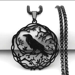 Black Gothic Celtic Norse Raven Pendant Necklace #1529